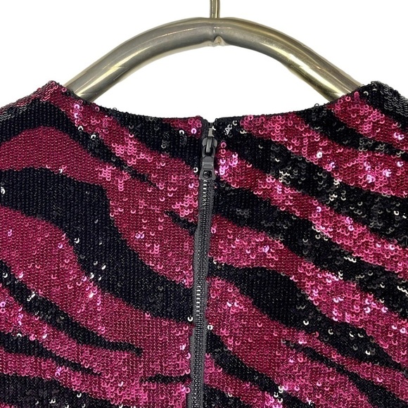 ALICE + OLIVIA NAT ZEBRA TIGER BLACK PINK SEQUINED STRETCH SHEATH MINI DRESS - Picture 15 of 17